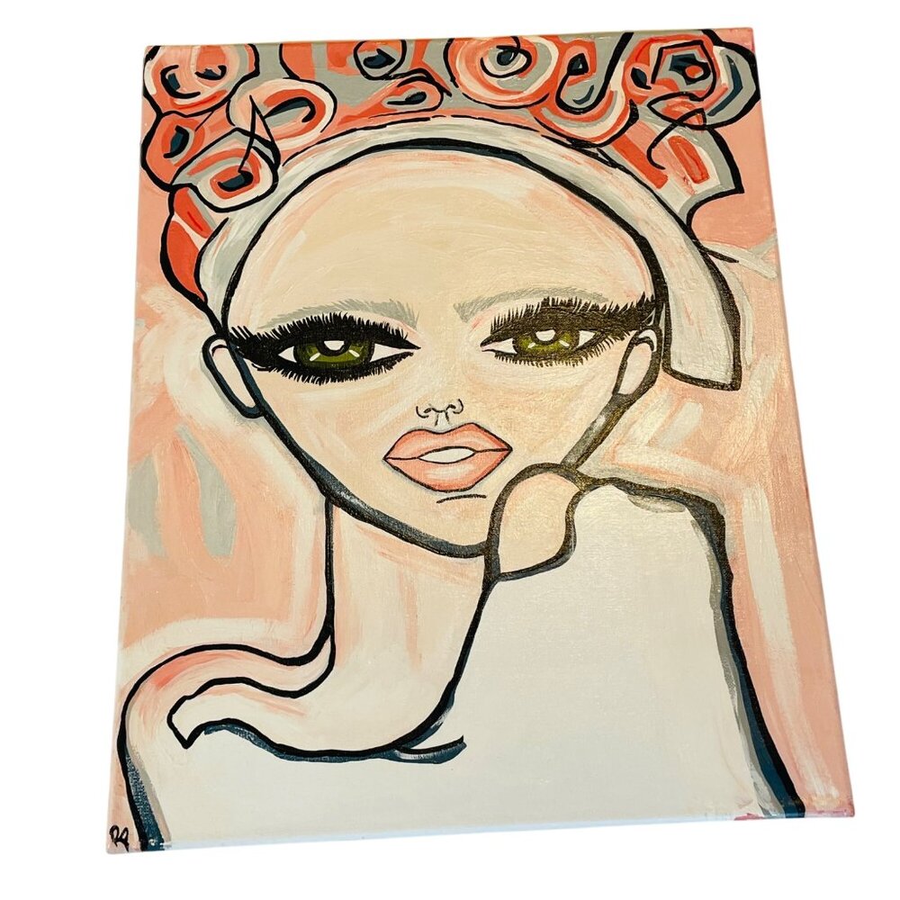 Hand-Painted Abstract Canvas Art Of Woman Rosy Headdress & Bold Eyes Signed RP